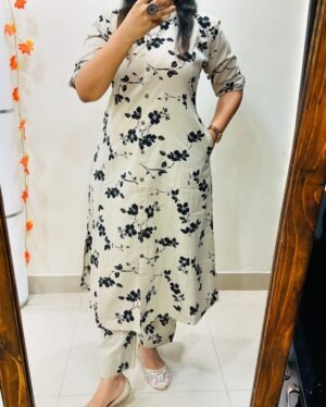 Elegant Skin Print Cotton Two Piece Kurti & Salwar Set