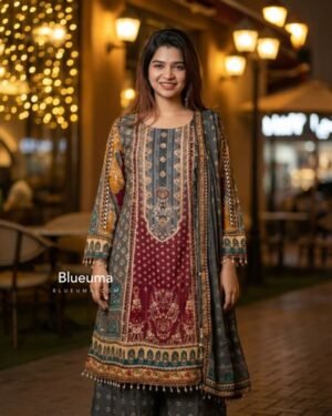 Digital Print Lace Work Ready Three Piece Elegant Ladies Dress