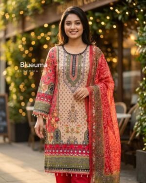 Premium Digital Print Lace Work Ready Three Piece