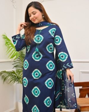 Premium Chunri Print Soft Cotton Three Piece - 42, Dark blue