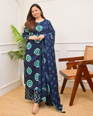 Premium Chunri Print Soft Cotton Three Piece - 46, Dark blue