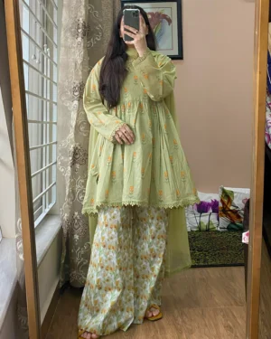 Premium Lawn Short Printed Frock & Plazo Set