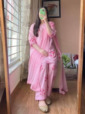 Premium Skin Printed Cotton Three Piece with Chiffon Georgette Dupatta